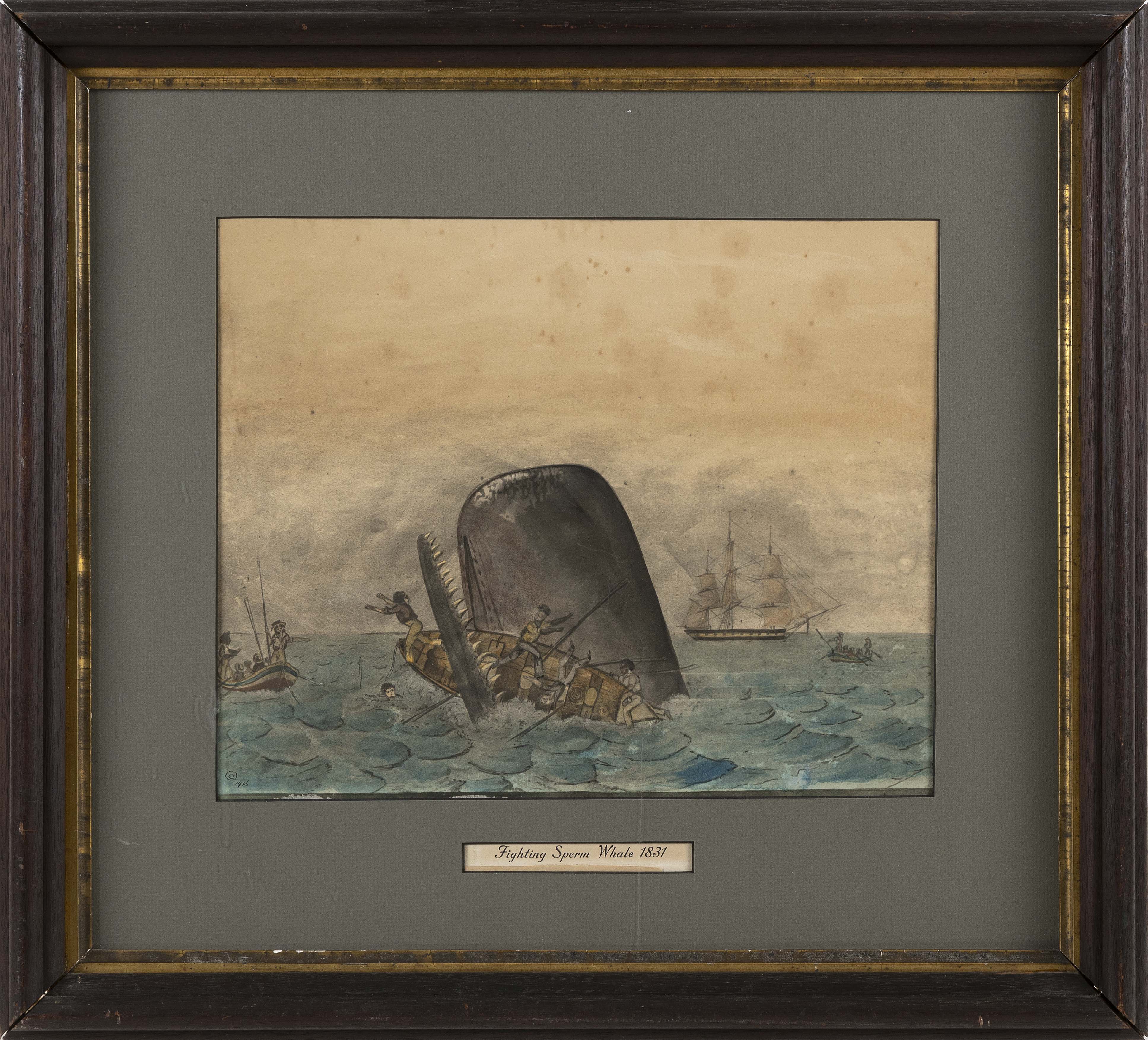 CLIFFORD ASHLEY (Massachusetts, 1881-1947), Three Whaling Illustrations 1916, “Ship Young Phoenix Cutting and Boiling 1830”, Ship Young Phoenix Hove to off Cape Horn, 1831”, “Fighting Sperm Whale, 1832”., Watercolors and