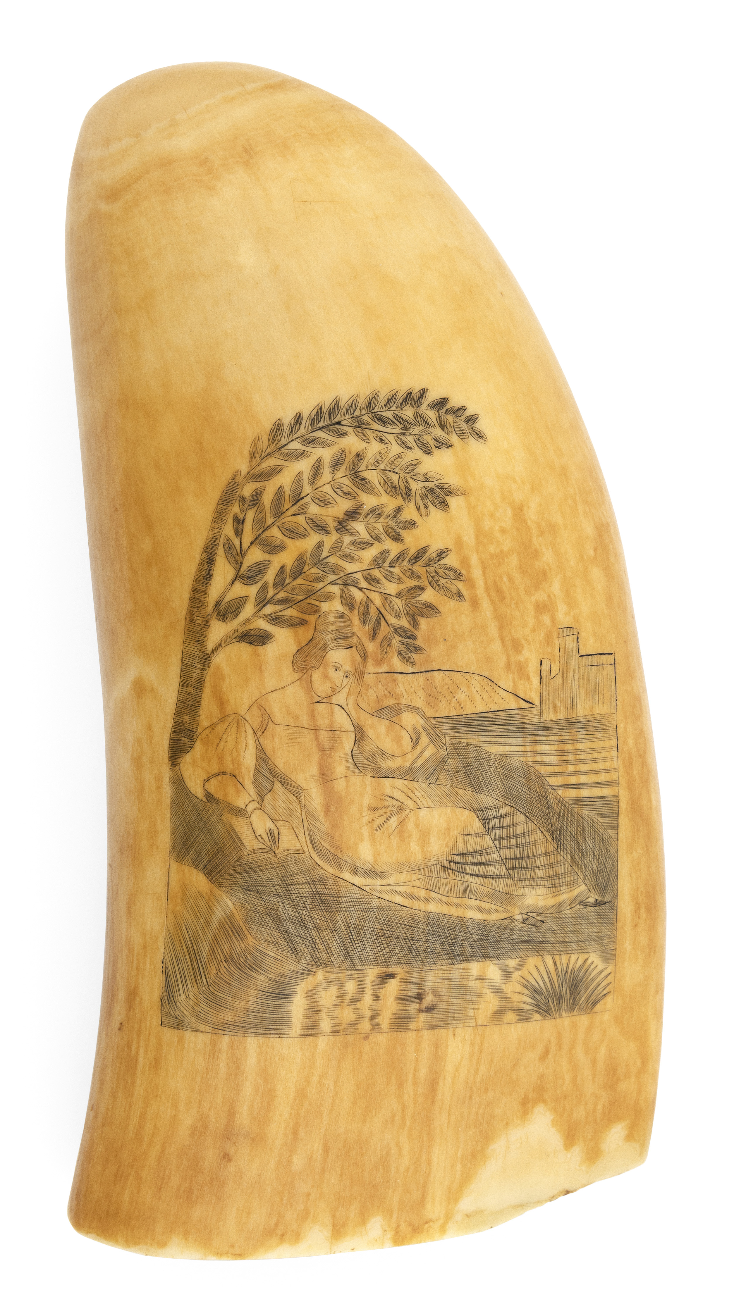 Image 1 for SCRIMSHAW WHALE'S TOOTH WITH RICH PATINA Mid-19th Century Length 6.25