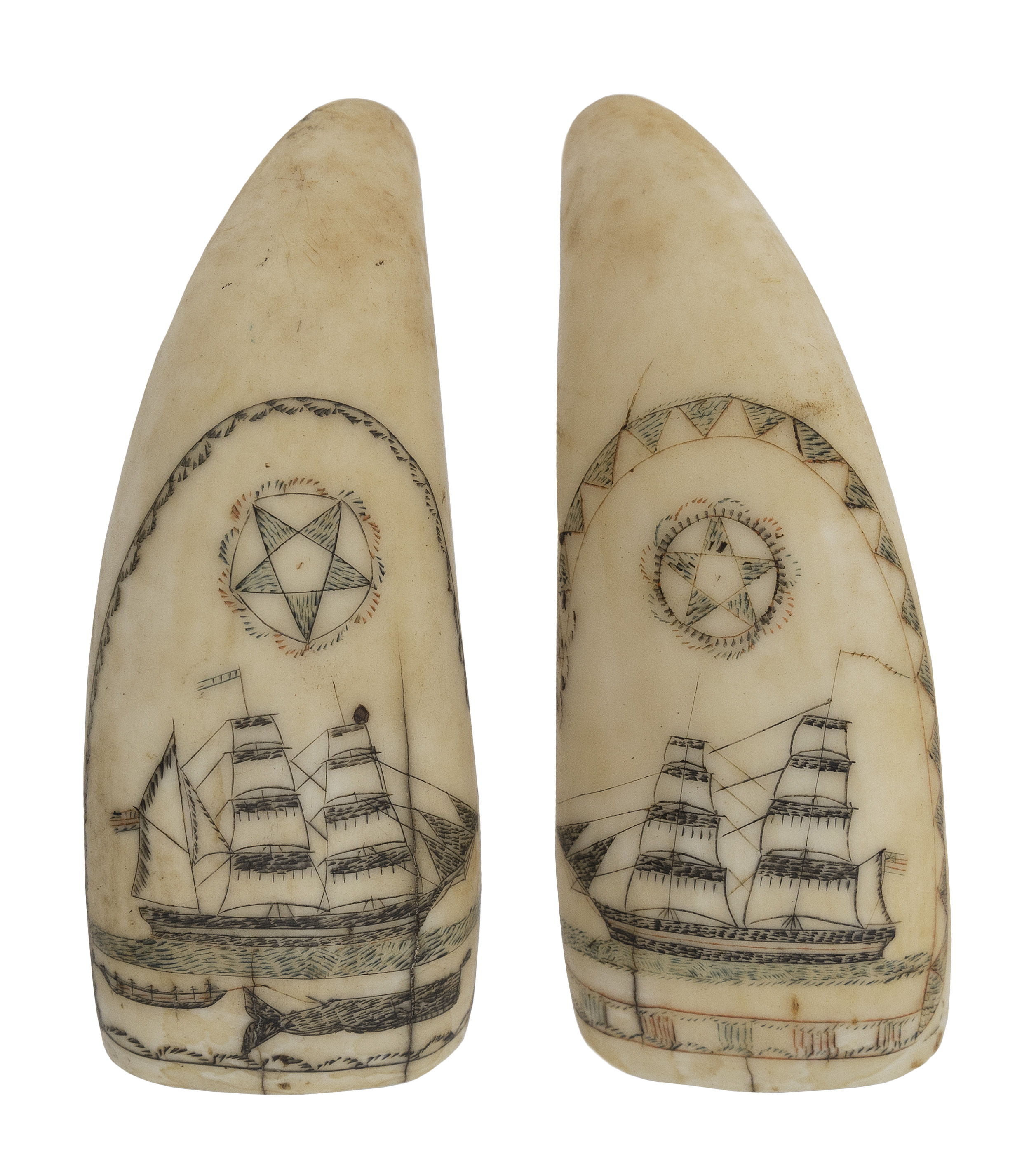 PAIR OF POLYCHROME SCRIMSHAW WHALE’S TEETH Mid-19th Century Lengths 3.25”.