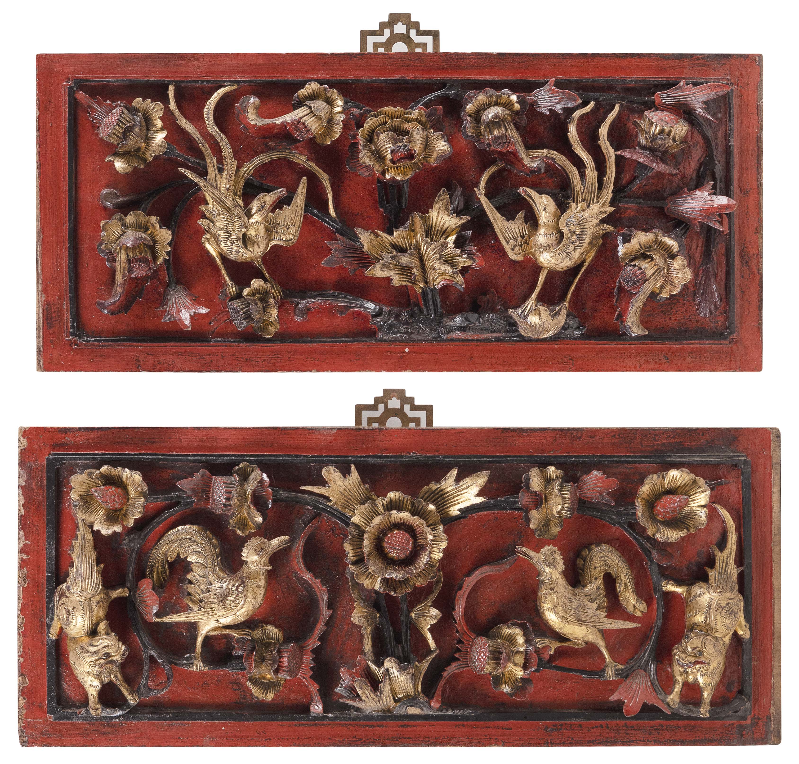 Image 1 for NEAR-PAIR OF CHINESE HIGH-RELIEF CARVED GILTWOOD PANELS Early 19th Century Heights approx. 7