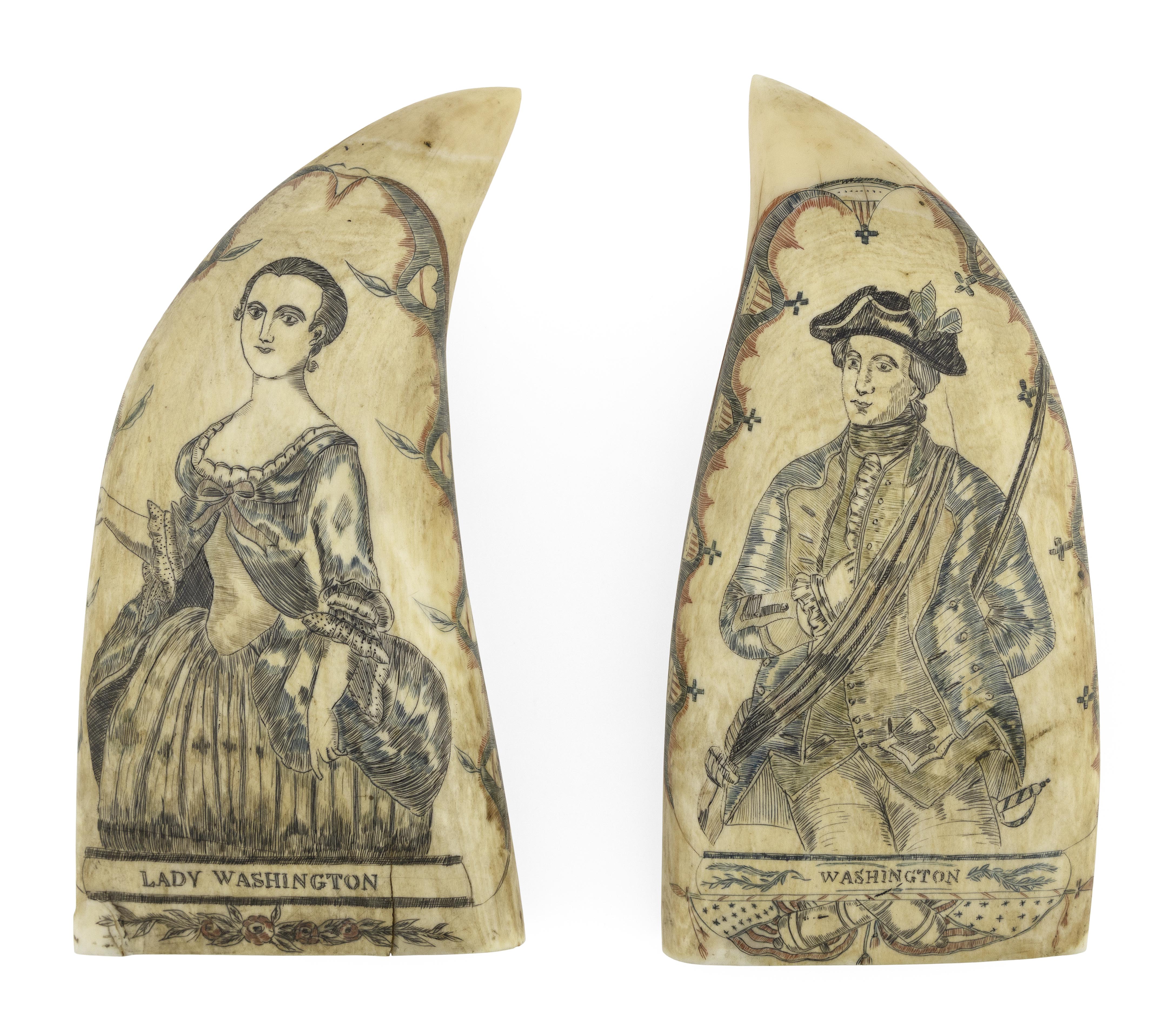PAIR OF EXCEPTIONAL POLYCHROME SCRIMSHAW WHALE’S TEETH WITH PORTRAITS OF GEORGE AND MARTHA WASHINGTON Mid-19th Century Lengths 6.25