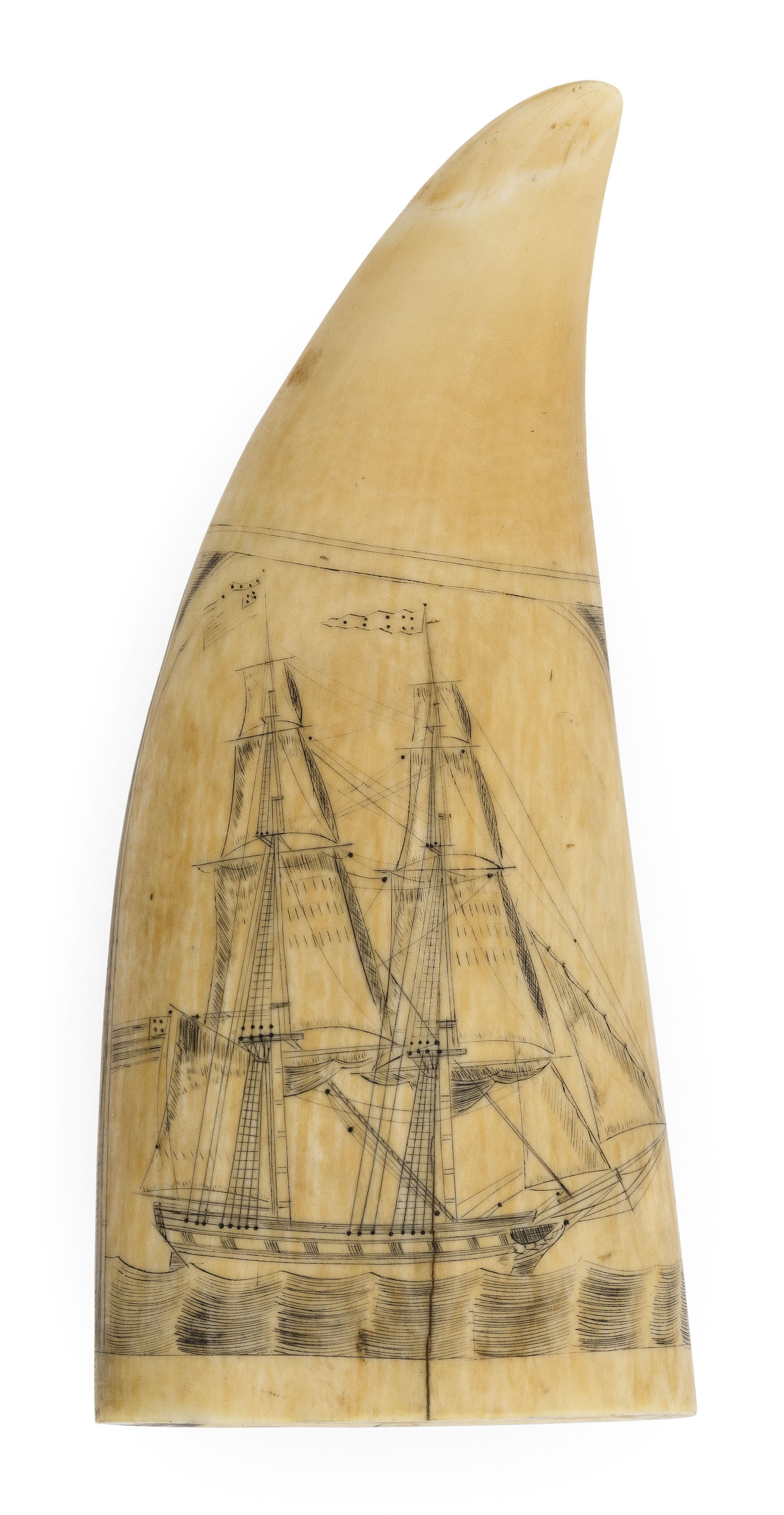 Image 1 for SCRIMSHAW WHALE’S TOOTH WITH SHIP PORTRAIT AND MEMORIAL SCENE Circa 1850 Length 5.75