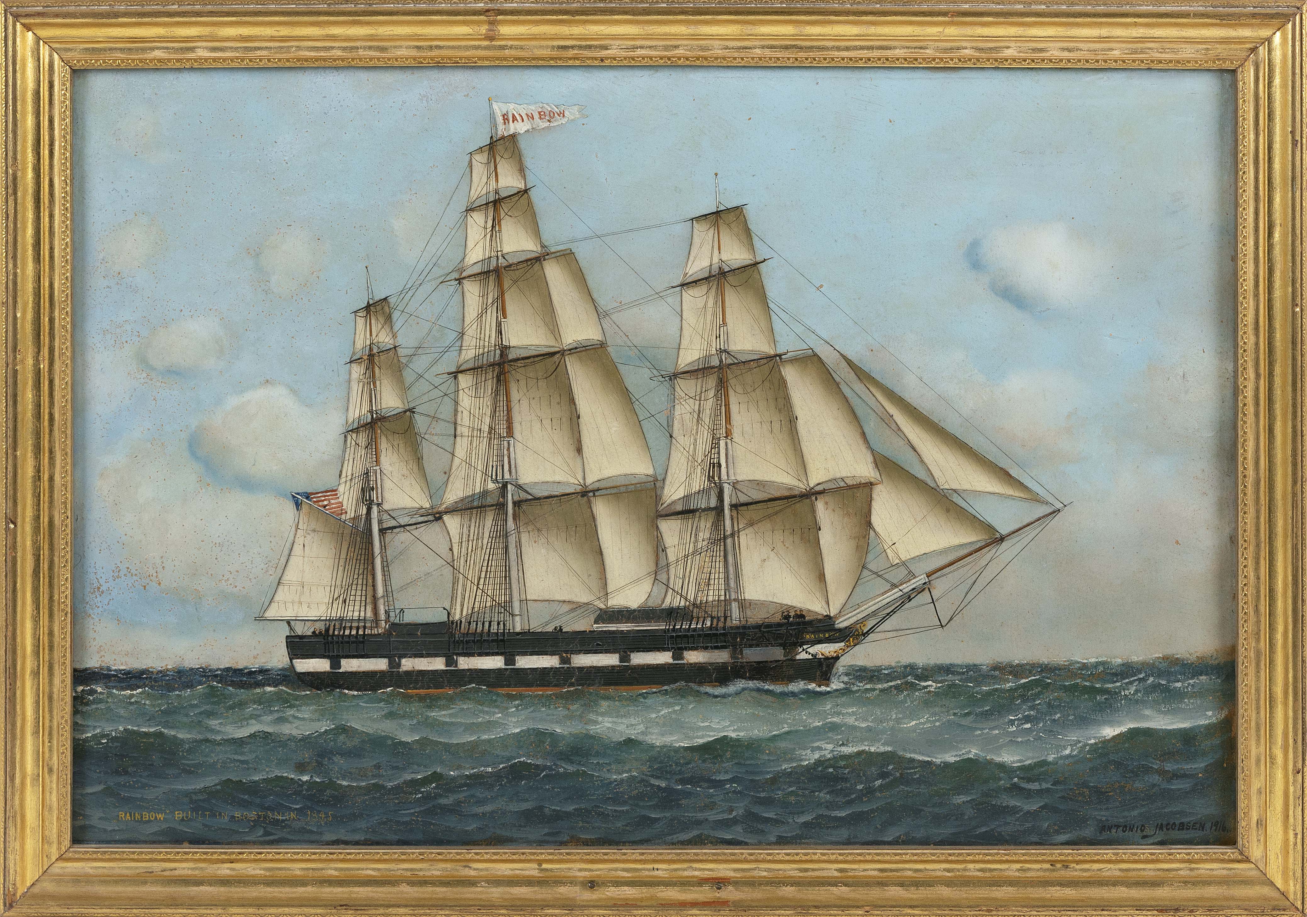 Image 1 for ANTONIO NICOLO GASPARO JACOBSEN (New York/New Jersey/Denmark, 1850-1921), Starboard view of the American clipper ship Rainbow., Oil on artist board, 16
