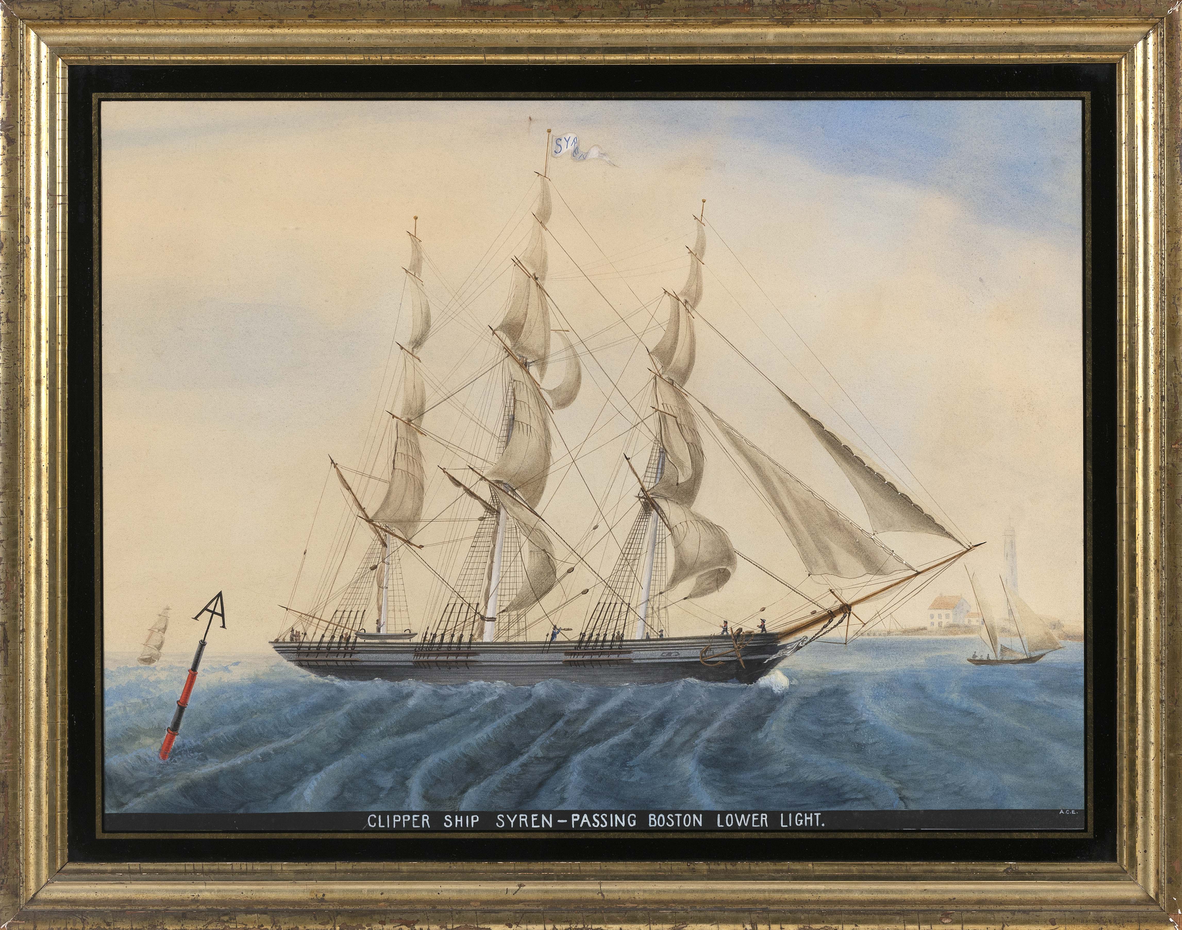 AMERICAN SCHOOL (19th Century,), “Clipper Ship Syren - Passing Boston Lower Light”., Watercolor, 17” x 23” sight. Framed 21.75” x 27.75”.