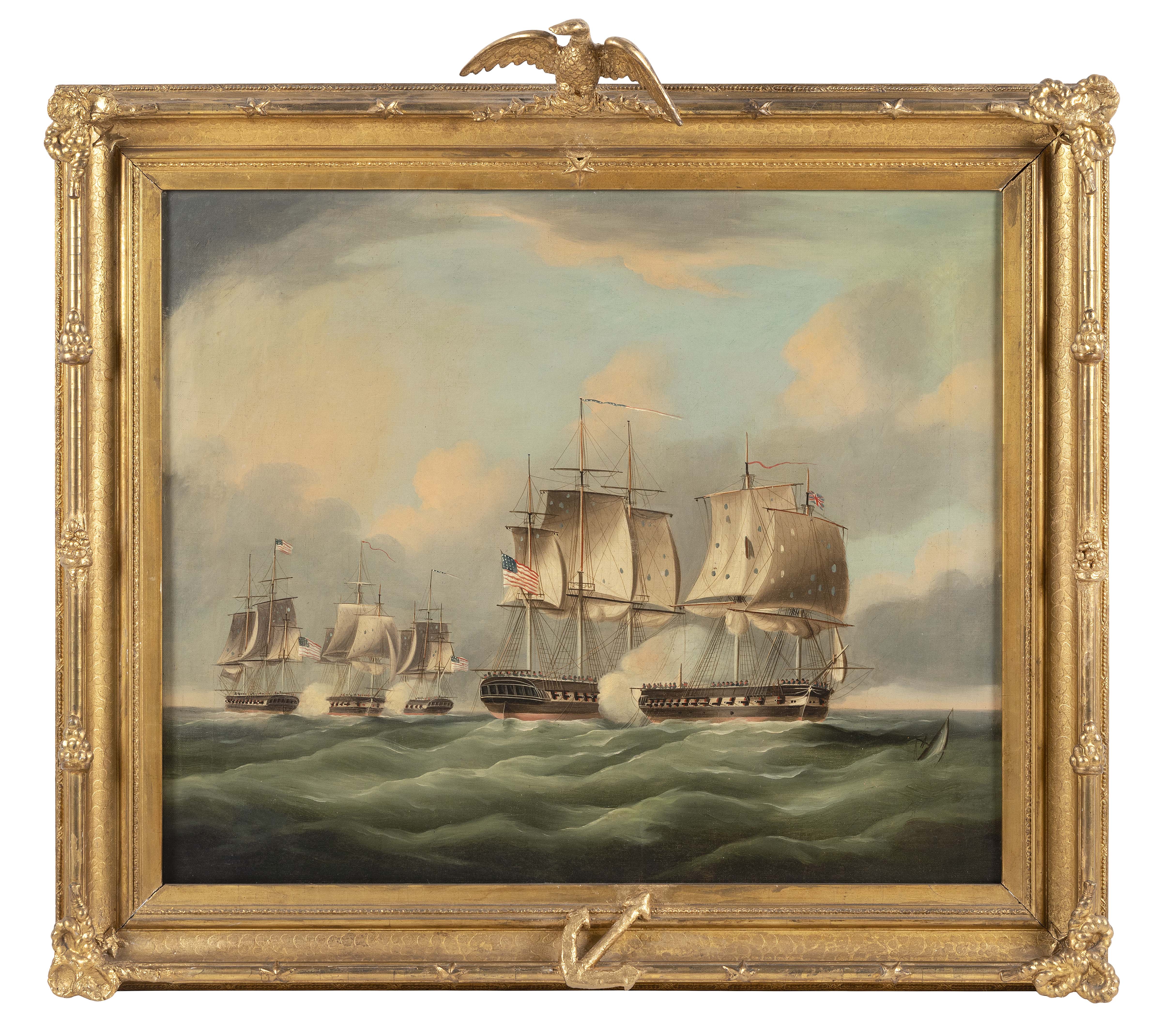 Image 1 for AMERICAN SCHOOL (19th Century,), Naval battle scene between three American vessels and two British vessels., Oil on canvas, 20” x 24”. Framed 26.75” x 29.5”.