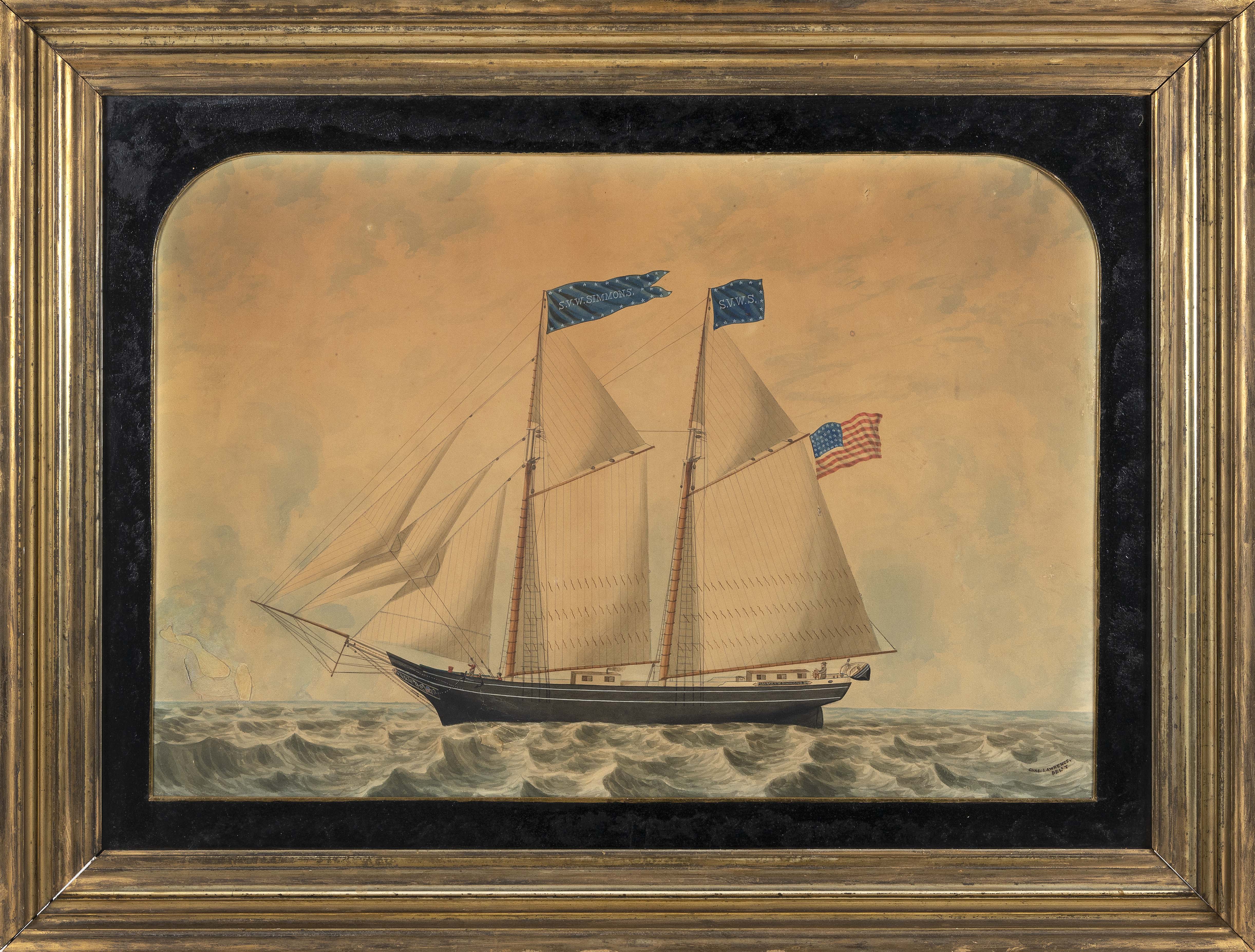 PORTRAIT OF THE TWO-MASTED SCHOONER “S.V.W. SIMMONS” 19th Century Watercolor, 22.25” x 31.5”. Framed 32” x 42”.