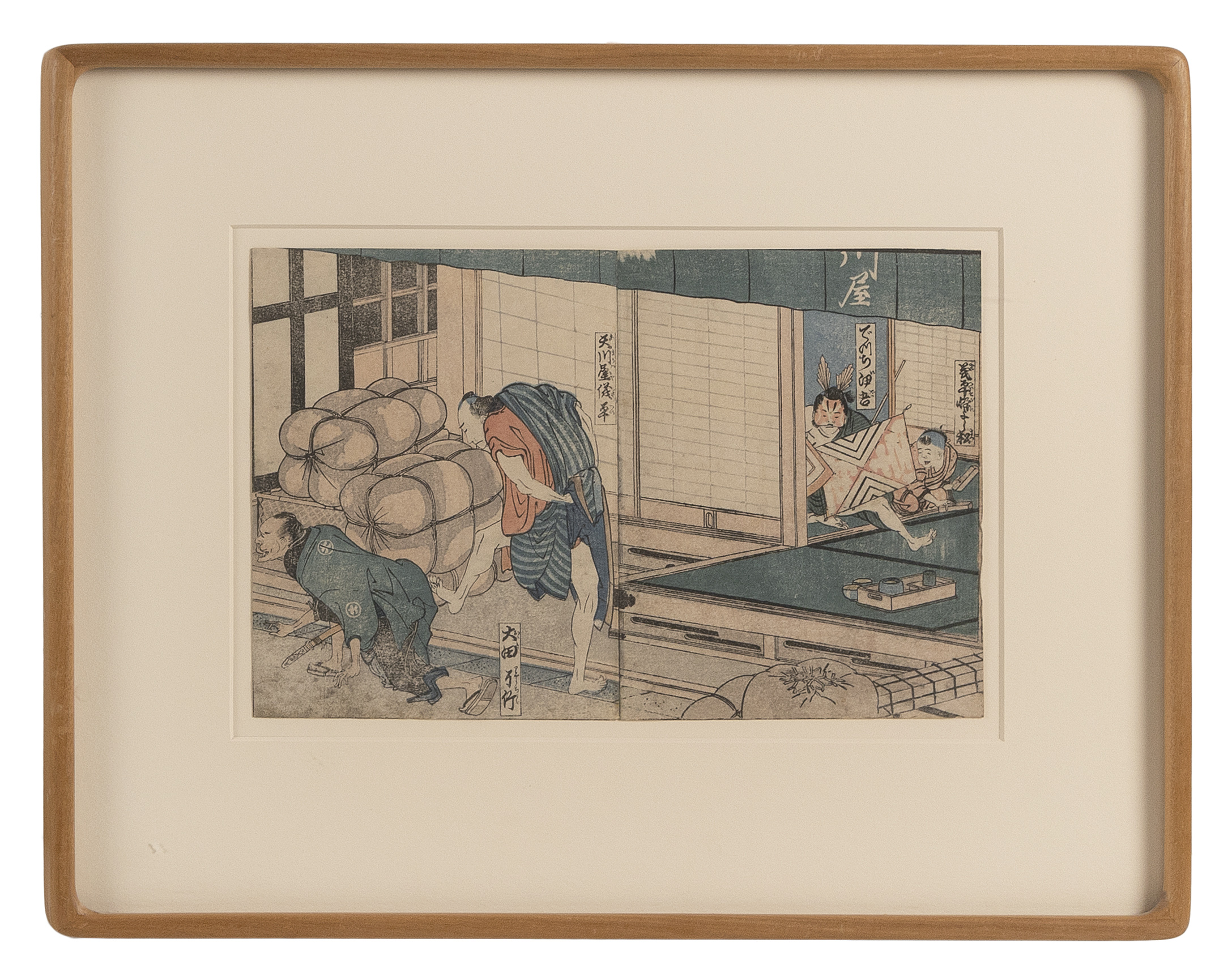 HOKIYO (18th/19th Century,), Godown Warehouse, 1828., Chuban woodblock print. Framed 13