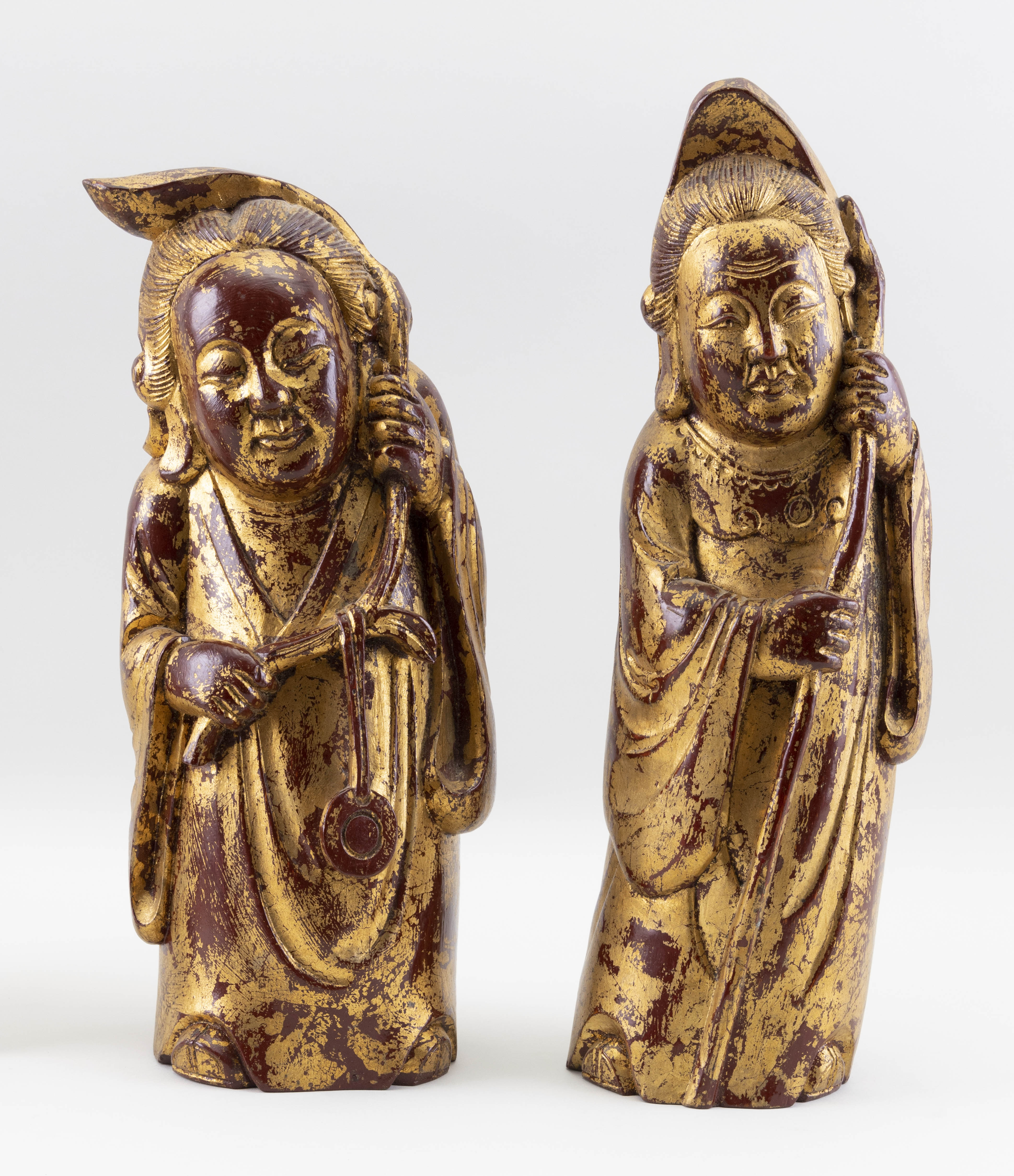 PAIR OF CHINESE RED AND GILT LACQUERED WOOD DEITY FIGURES Early 20th Century Heights 12